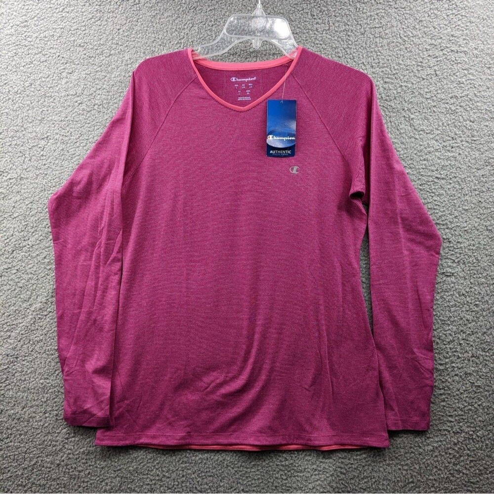 Champion Women's Fuschia Striped V-neck Long Sleeve Shirt NEW with Tags